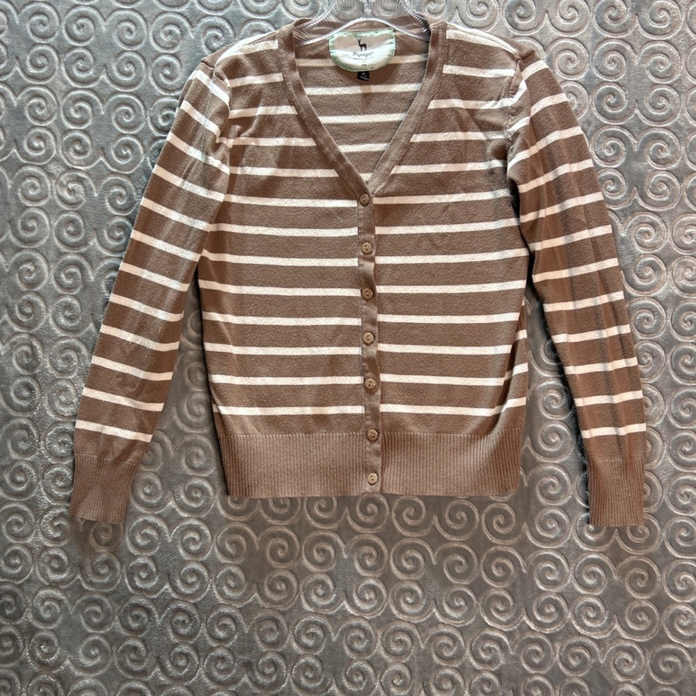 Papaya Womens Striped V Neck Button Cardigan Sweater Brown White Size M - Picture 1 of 5